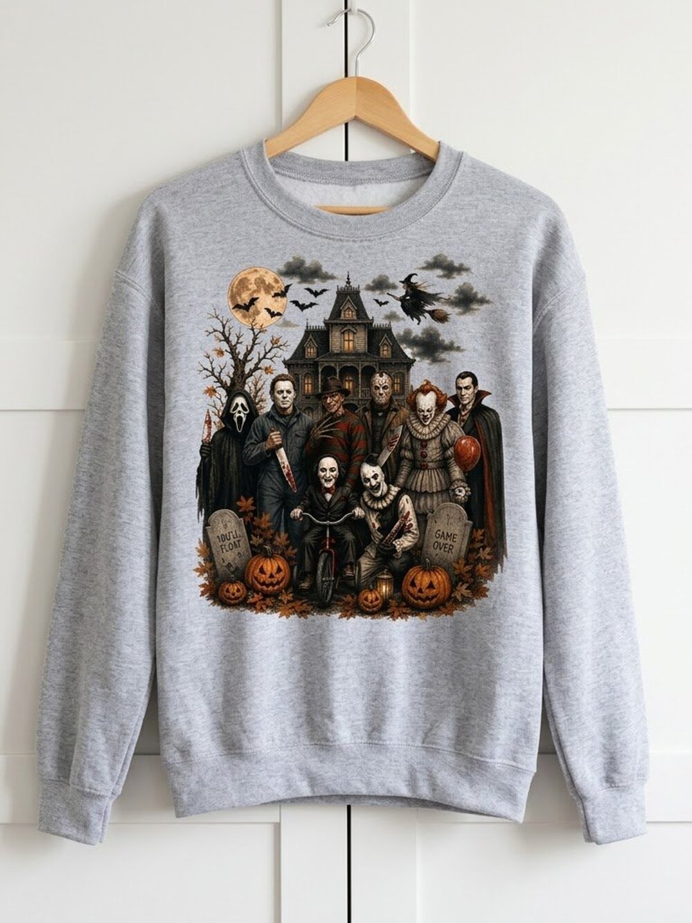 Halloween Horror Characters Sweatshirt, Spooky Season Shirt, Scary Movie AshGrey